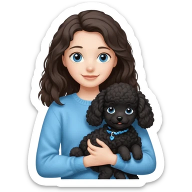 One Brunette girl with blue eyes and long hair in a light blue sweater holds one black Poodle puppy in her arms sticker