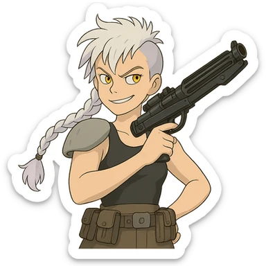 1 FEMALE, GOLD YELLOW EYES, WHITE HAIR LAVENDER TIPS, MESSY LOCKS BANGS MOHAWK, LONG BRAID, small black sports tank top, a single large light gray shoulder pad, tactical belt with many pouches, HOLDING A STORMTROOPER'S E11 BLASTER RIFLE, BRANDISHING, mischevious GLARE, style of star wars original character sticker