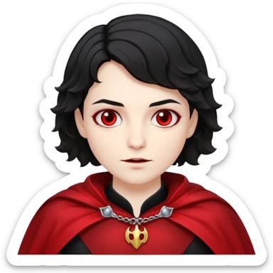 Pale skin, short black wavy hair, red and black cape. A traditional vampire look. sticker