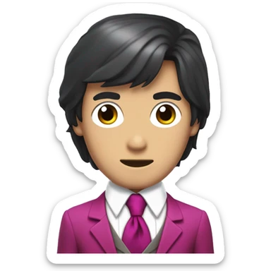 Miles Edgeworth, greyish-black hair with twin bangs framing his face in an 'M' shape, magenta suit, and a white cravat around his neck sticker