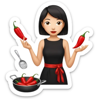 asian black short shoulder length hair tanned woman, black dress cooking, holding chili pepper sticker