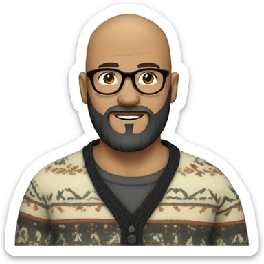 bearded bald man with black beard wearing glasses and boho jumper sticker