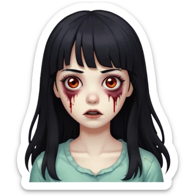 Zombie girl, black hair with bangs, slightly wavy, very long hair,long eyelashes, black eyes,iOS style sticker
