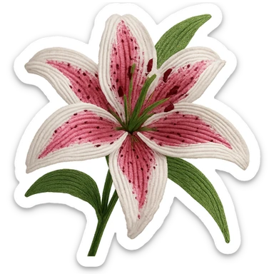 french beaded stargazer lily, intricate glass seed beads, wirework, realistic flower, vibrant pink and white petals, green leaves, elegant, close-up, no background sticker