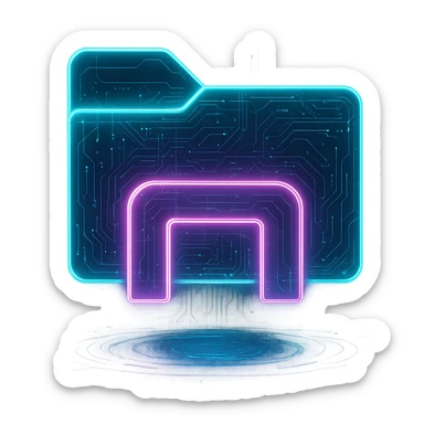 Transform the Windows file explorer icon into a cyberpunk-style icon with glowing neon edges, holographic effects, and futuristic details, as if displayed on a sci-fi hologram PC. Maintain a transparent background. sticker