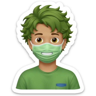 A teenage boy, tanned, wearing a green t-shirt , blue jeans and green sneakers with brown wavy tousled hair, smirking, wearing a green face mask sticker