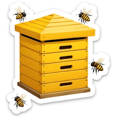 A wooden hive box with bees buzzing around the entrance. sticker