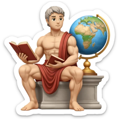 muscular stone statue with a stoic expression, seated on books, reading, globe included sticker