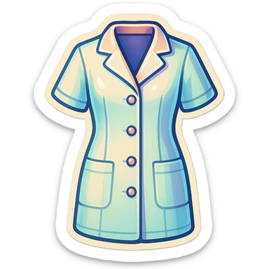 female medical coat with short sleeves full length, no girl, front view, retro stickers style, soft rounded shapes, clean contours, pastel palette, detailed shadows and highlights, modern illustration, transparent background sticker