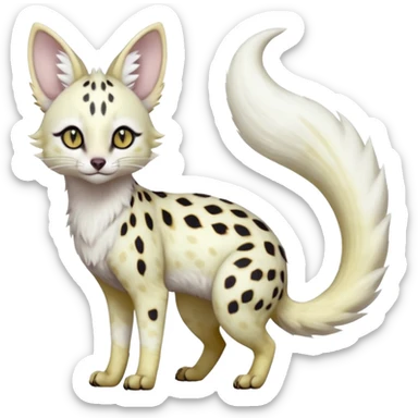 White Albino light whitish grey-spotted Serval-Civet-Genet-Trico-Furret-Linoone-Noibat-Espeon-Fakémon-Pokémon-animal-hybrid-fusion-creature (full body) with vibrant glowing eyes, cute, elegant, soft, realistic, pastel fur sticker