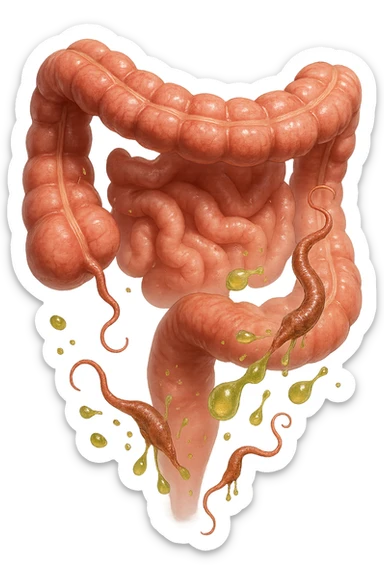 Realistic medical image of microscopic parasites leaving the intestines after taking natural kinesiological drops, symbolizing detox and cleansing. sticker