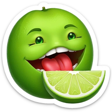 Lime colored lips with green colored lipstick biting a lime sticker