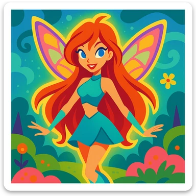 Bloom from Winx Club, fairy outfit, glowing aura, long red hair, whimsical background sticker
