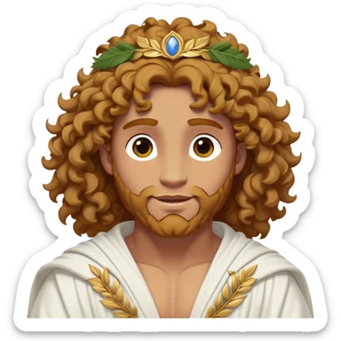 Cinematic Realistic Hercules Portrait, head tilted playfully and inquisitively, showcasing a blend of legendary power and youthful charm with the refined features of Michelangelo's David. His light tan, sculpted skin and thick, curly, golden brown hair—styled with wild majesty—evoke the spirit of the lion-wrestling Hercules. Clad in a softly draped white robe with subtle golden details and adorned with a Greek laurel wreath, his expressive eyes and warm smile capture an approachable yet formidable hero, bathed in gentle natural lighting. sticker