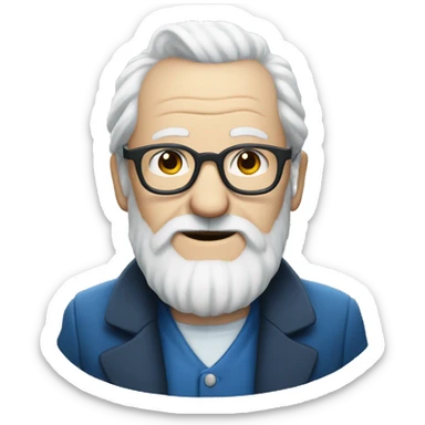 White old man with long white beard and glasses and white shirt and blue jacket sticker