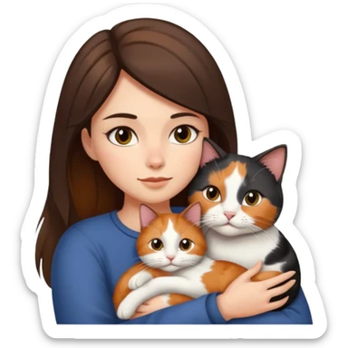 Brunette woman with long hair cuddling short haired calico cat sticker