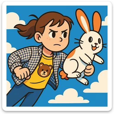 Create an illustration of the person flying in the sky with a white and orange bunny, in a whimsical, vibrant cartoon style. The background should be a bright sky with clouds, and the bunny should look playful and friendly. sticker