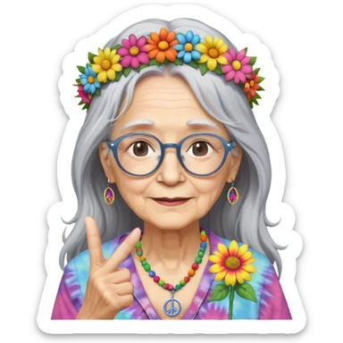 elderly woman with long grey hair, glasses, peace sign necklace, tie-dye clothing, flower crown sticker