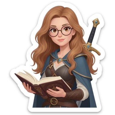 emoji style illustration of a woman with long light brown wavy hair, light brown eyes and round glasses holding an open book, with a sword on her back, fantasy heroine reader aesthetic sticker