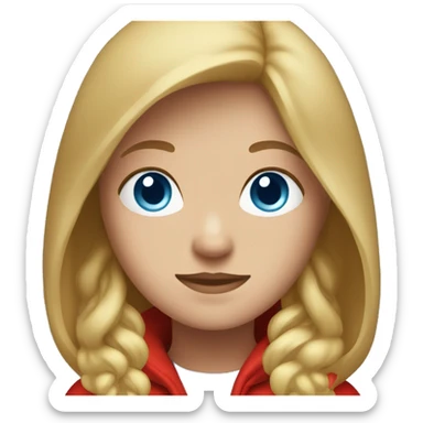 girl with blondeish brownish hair with blue eyes and a red hoodie sticker