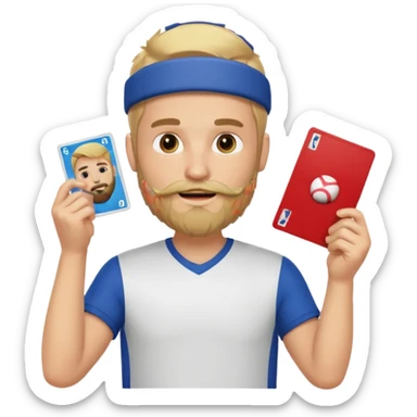 Blonde haired man with a beard holding up a sports card he loves sticker