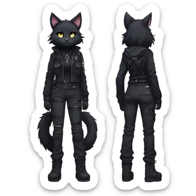 Gorgeous furry gothic dark techwear anime style anthro black cat furry sona Fakemon with blushing face aesthetic and pretty edgy black with collar and harness trending style chains cargo pants tomboy sticker