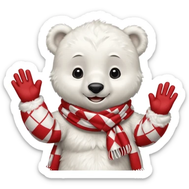 baby Polar Bear, smiling, hi five, wearing red Checkered Triangle scarf sticker
