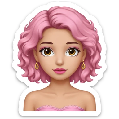 crée moi une jeune fille très belle avec les cheveux bouclés long brune avec un top  sans manche ni brettelles juste un 'bandeau' de couleur rose clair avec un peu de maquillage et des beaux et long  cils un collier en or sticker