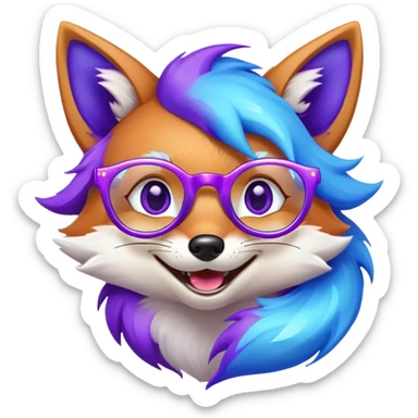 A magical fox with shimmering purple and blue fur, a glowing tail, a silver star on its forehead, and round glasses, laughing so hard that tears are streaming from its eyes sticker