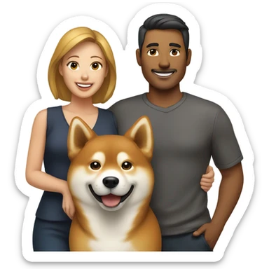 A man and his wife holding their Shiba Inu dog  sticker