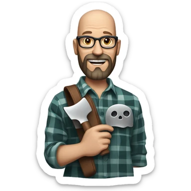 bald man of 40 years old with glasses and a beard, wearing a plaid shirt, holding a movie clapper, a silver skull ring on his hand. sticker