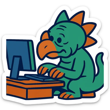 cartoonish old dinosaur typing on a computer sticker