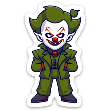 evil clown warrior, bald, small black horns on forehead, fangs, pointed ears, eye patch over one eye, long coat over black and military green leisure suit with bellbottom pants, realistically proportioned, less bulky, full body visible, battle-ready fighting posture sticker