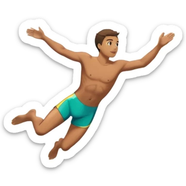 The background features rugged cliffs, clear blue water, and a bright sky, emphasizing the excitement and danger of the sport with a sense of freedom and adventure. A diver mid-air, plunging from a high cliff into the sparkling ocean below.  sticker