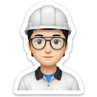 engineer wearing white polo, black hair with headgear sticker
