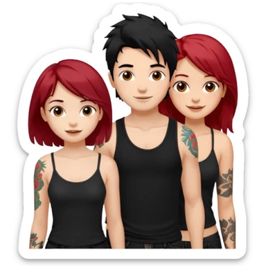 generate a fair boy with messy black hair, tattoos. standing beside a fair black haired girl wearing a black cami top and a tan girl with red hair sticker