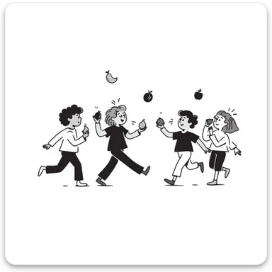 healthy boys and girls running around playing with some eating fruit Make one of the children asian or black sticker