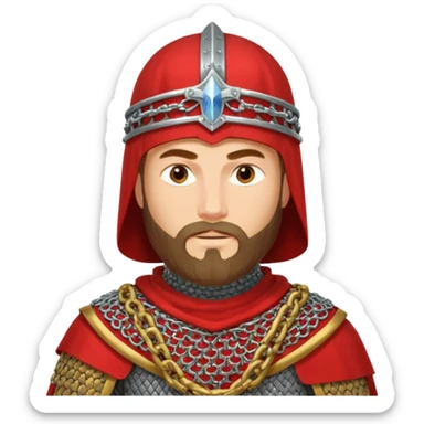 Russian prince Alexander Nevsky in chain mail and with red mantle and with Rus helmet and beard sticker