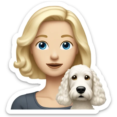 White lady with shoulder length blonde straight hair and blue eyes and her white golden doodle dog sticker