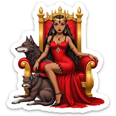 Caramel skin toned Lilith symbol seductress evil brown straight long hair haired, sexy succubus woman with red and black Chanel dress sitting on a Black and gold throne. A large black wolf laying beside her. Tattoos all down her arms sticker