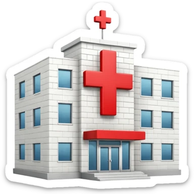 A hospital building with a large red +. In PNG format. sticker