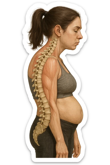 DONNA GIOVANE FITNESS DI PROFILO CON LA POSTURA SBAGLIATA, SPINA DORSALE UMANA ANATOMICA REALISTICA IN EVIDENZA, LA PANCIA IN FUORI E LE SPALLE CHIUSE sticker