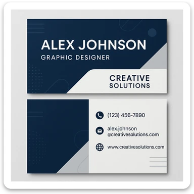 A modern and professional business card for Alex Johnson, Graphic Designer at Creative Solutions. The card should include the name, job title, company name, phone number (123) 456-7890, email alex.johnson@creativesolutions.com, and website www.creativesolutions.com. Use a clean, modern design with a professional color scheme. The card should have a creative and unique design. sticker