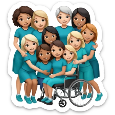 Teal group hug of 8 women with one in wheelchair sticker
