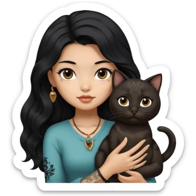 a Chinese girl with long black  Big Wave hair  Black eyes  and bronze skin tone and tattoos and a black round faced cat  sticker