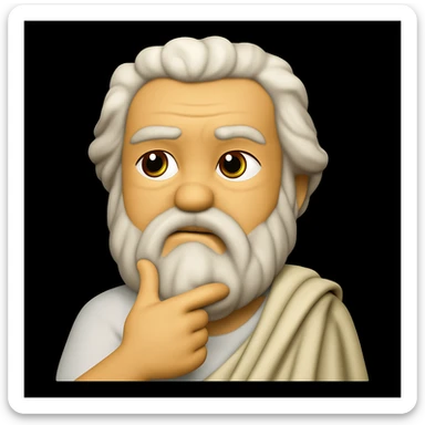 Edit the image of Socrates to show him deep in thought with a hand on his chin instead of a thumbs up, maintaining the same emoji style and a thoughtful expression. sticker