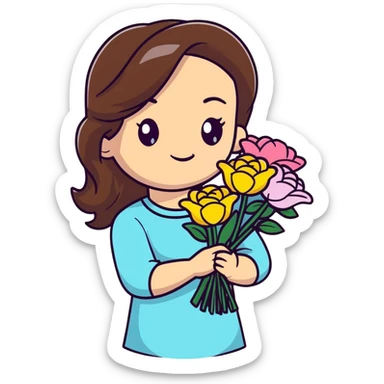 cool girl with long brown hair and fair skin tilting her head to the side while holding a bouquet of flowers sticker