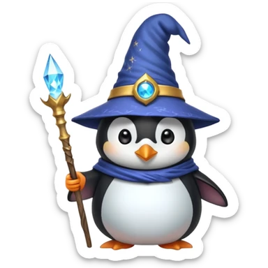 cute penguin wizard with a pointy hat and a magic staff, magical aura sticker