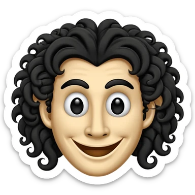 generate theatre wooden mask emoji with a big curly black hair 

wide black coloured smile, long and pointy white nose with no nostrils, pitch black eyes sticker