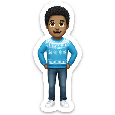 white man with black hair, wearing christmas jumper with white details with blue jeans and black sneak sticker